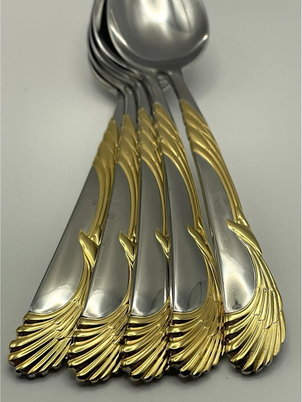 (5) Sasaki WINGS Gold Accent Gerald Patrick Stainless Teaspoon Lot ~ 6.5”